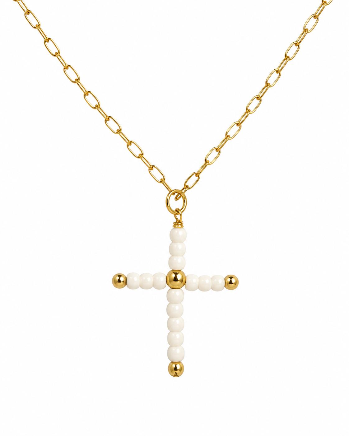 Collar Cruz Cuentas BLANCO