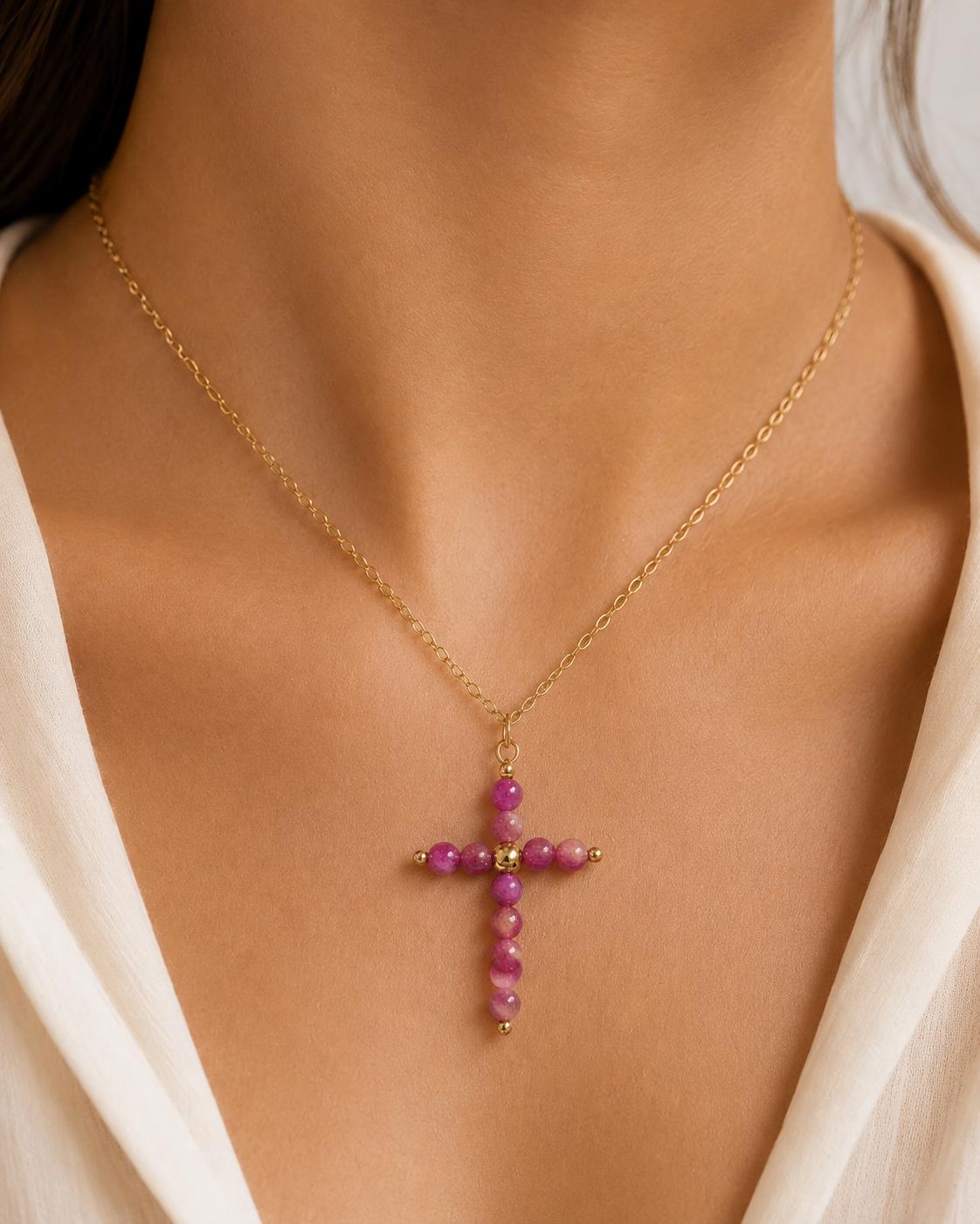 Collar Cruz Cuentas ROSA CLARO